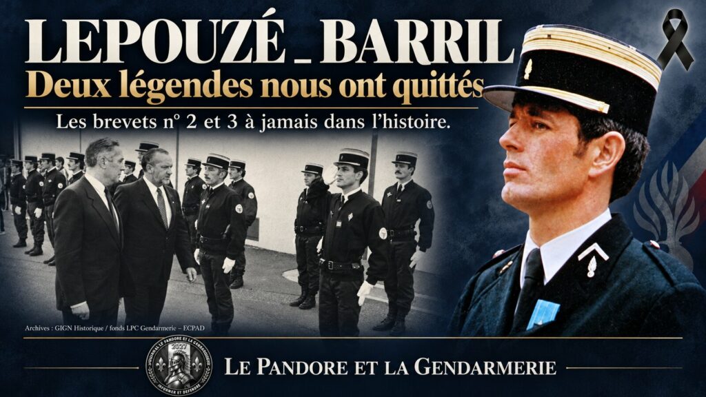 LEPOUZÉ _ BARRIL. Deux légendes nous ont quittés. Montage d’hommage associant la photographie d’archives de l’article consacré à Claude Lepouzé au visuel de Paul Barril, brevets n° 3 et 2 du GIGN.