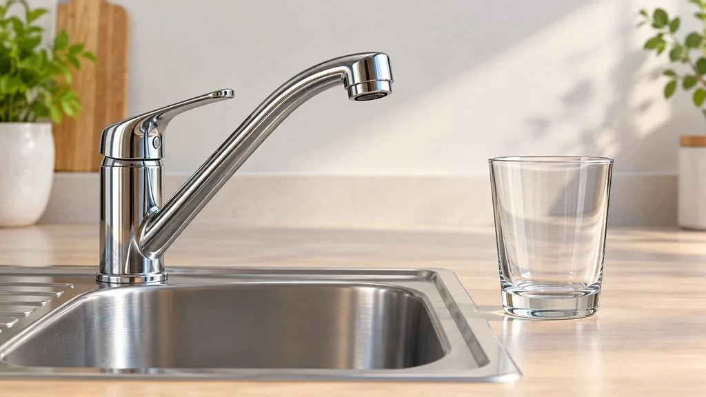Lodève : coupure d’eau jeudi de 8 h à 12 h dans deux rues Un robinet au-dessus d’un évier, avec un verre vide posé à côté.