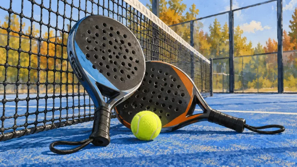 Padel à Lodève : la Ville cherche un exploitant pour financer le projet Illustration générée par IA : deux raquettes de padel et une balle devant le filet d’un terrain imaginaire.