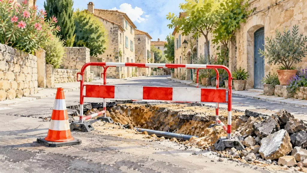 Loupian : les travaux du centre passent au terrassement dès lundi Illustration générée par IA : une barrière de chantier et un cône devant une portion de chaussée en travaux dans une rue imaginaire.