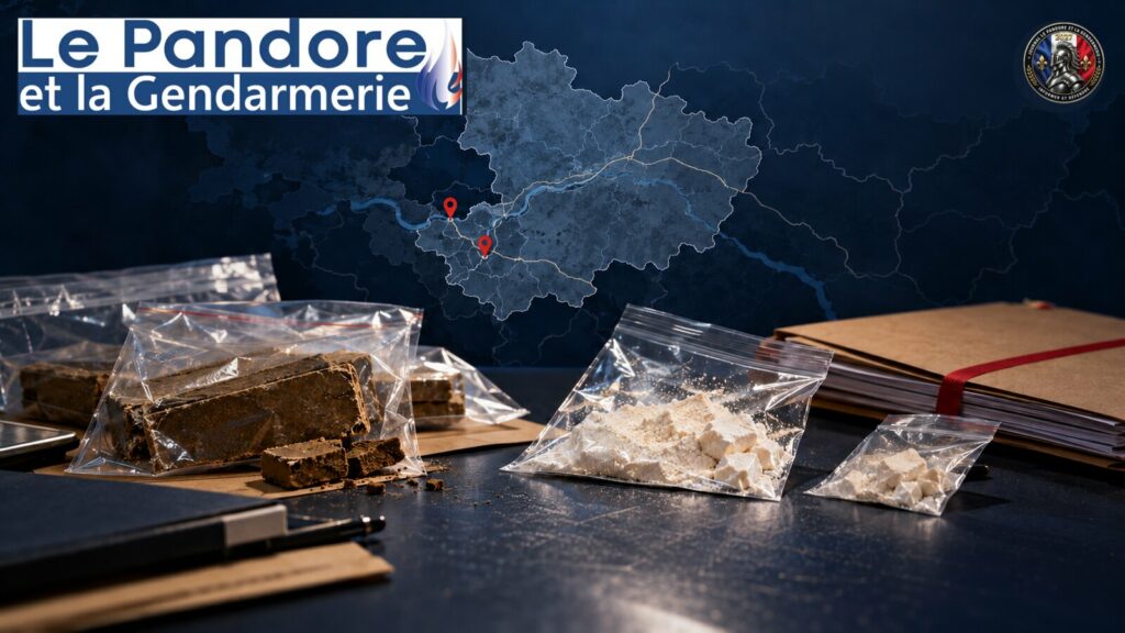 Maine-et-Loire : l’enquête après la mort d’un nourrisson révèle un trafic présumé Illustration non documentaire : dossiers, carte stylisée et sachets évoquant des stupéfiants, sans personnes représentées.