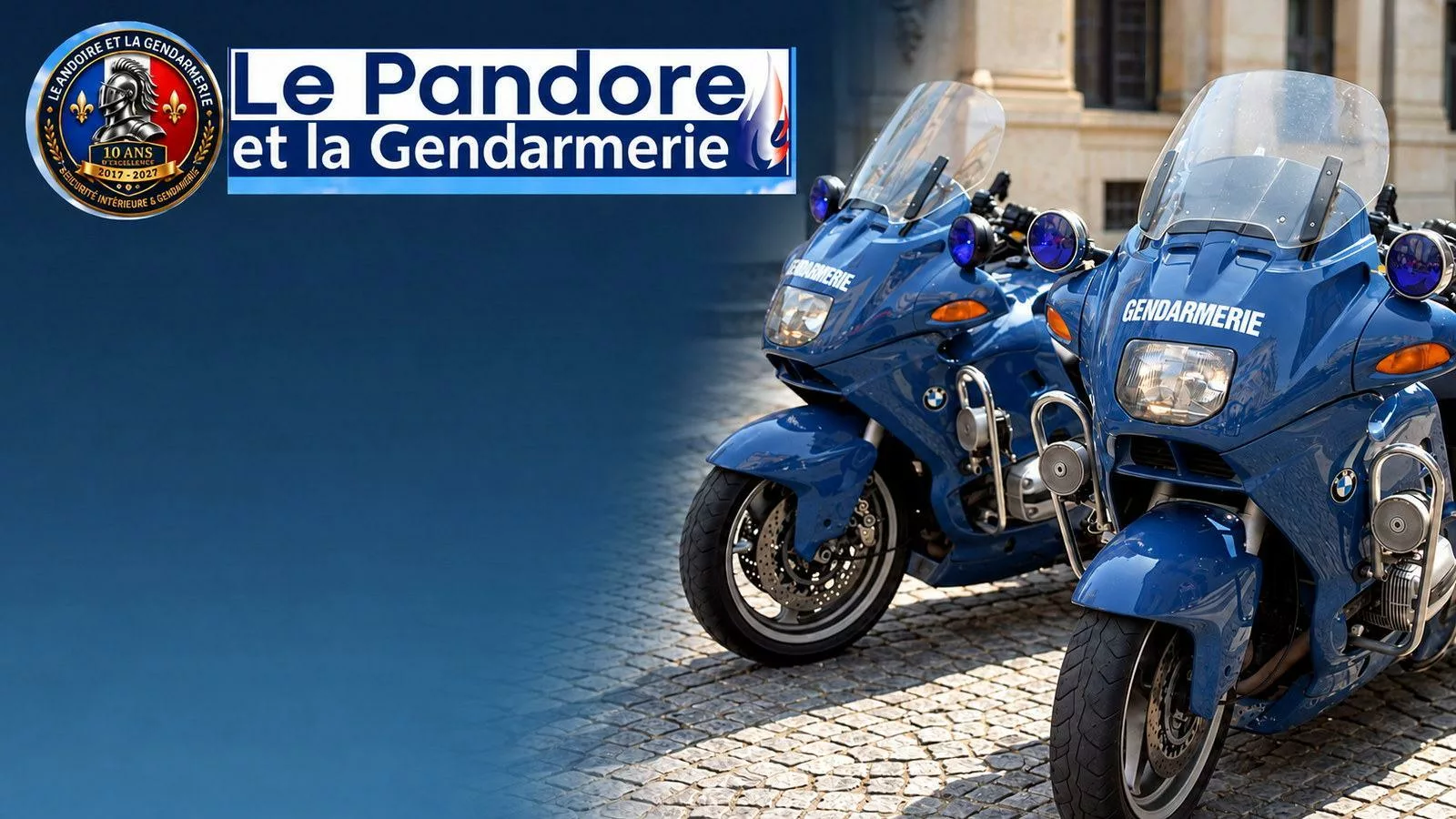 Deux motos de la Gendarmerie nationale sur une couverture hommage du Pandore, sans portrait.