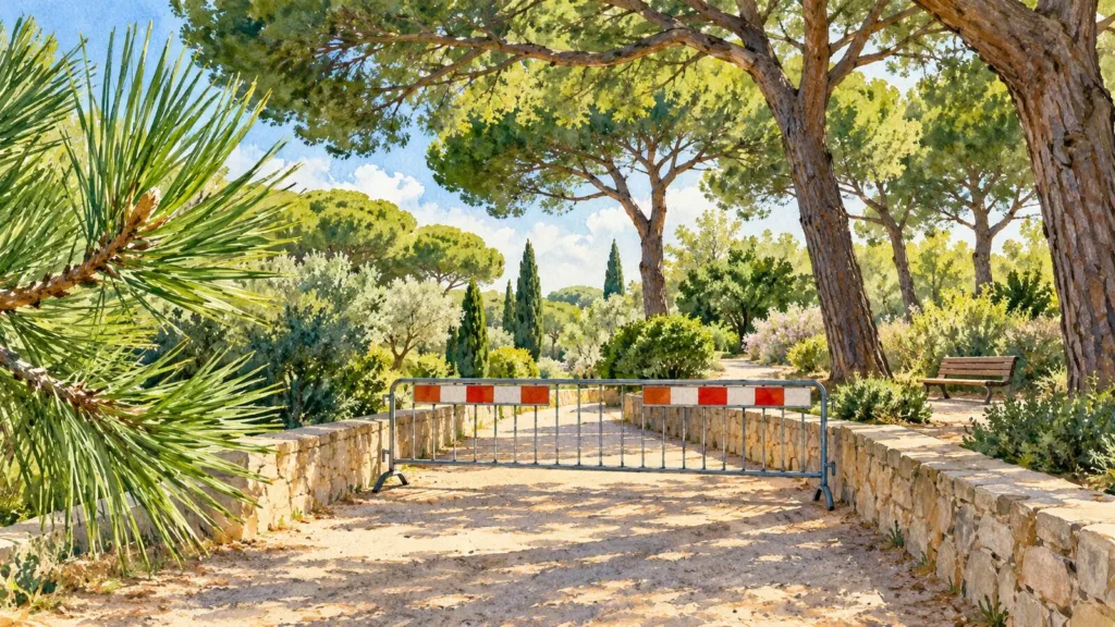 Maraussan : accès interdit pendant 48 heures autour des pins traités Illustration générée par IA : une barrière ferme un chemin dans un jardin méditerranéen bordé de pins.