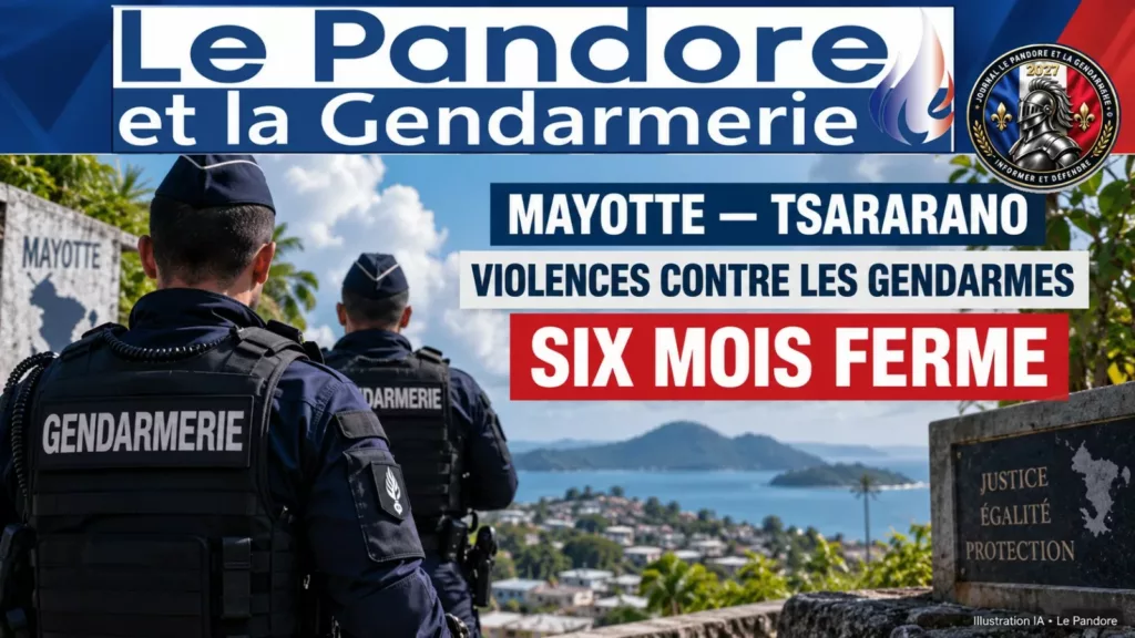 Mayotte : six mois ferme pour deux jeunes après des violences contre des gendarmes à Tsararano Illustration IA : deux gendarmes de dos dans un paysage de Mayotte. Ce visuel ne représente pas les faits.