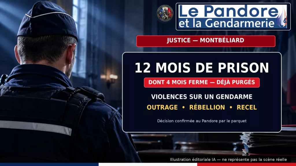 Illustration éditoriale d’un gendarme dans un tribunal pour un article sur la condamnation prononcée à Montbéliard.