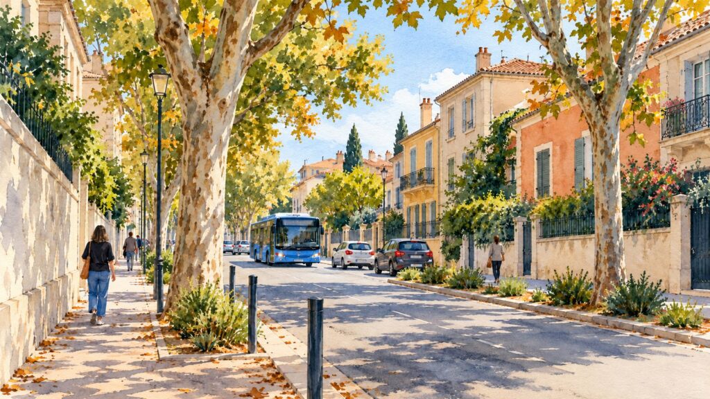 Montpellier : le boulevard Berthelot à sens unique dès le 30 octobre Illustration en aquarelle d’une rue arborée à Montpellier, avec un bus, des voitures et des piétons.