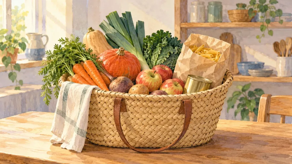 Illustration générée par IA : un panier de légumes, de fruits et de produits secs sur une table dans une pièce imaginaire.