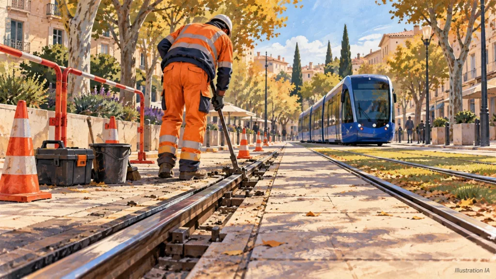 Illustration IA d’un ouvrier entretenant des rails de tram dans une rue méditerranéenne, avec une rame bleue en arrière-plan.