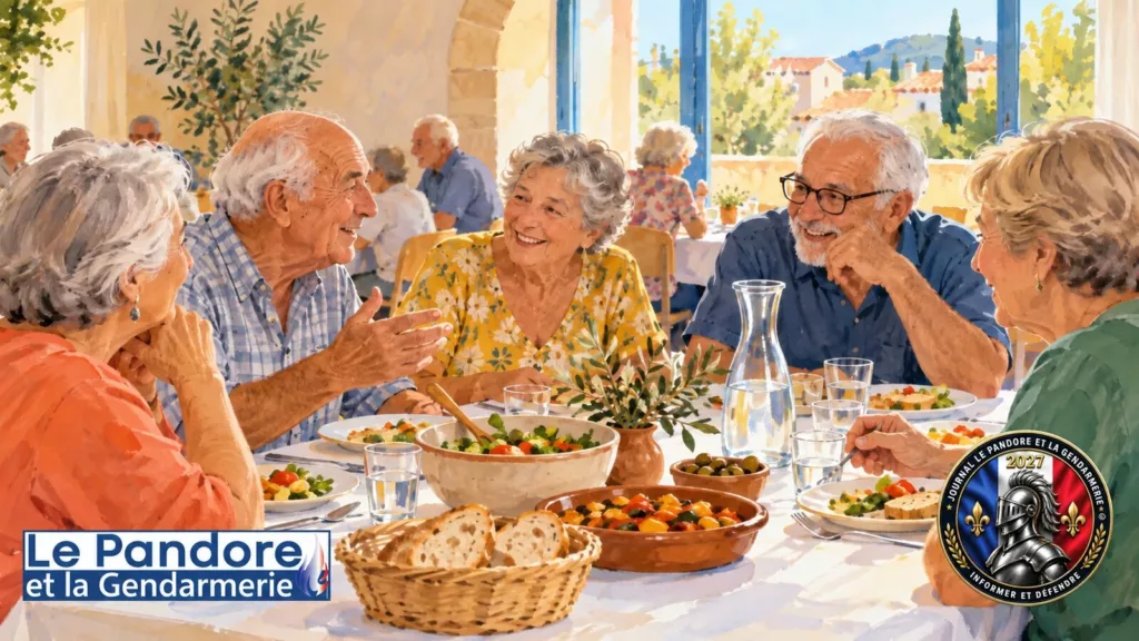 Poussan : s’inscrire au repas des aînés avant le 19 octobre Illustration générée par IA : des personnes âgées autour d’un repas imaginaire, avec le bandeau du Pandore et la rondache chevalier 2027.