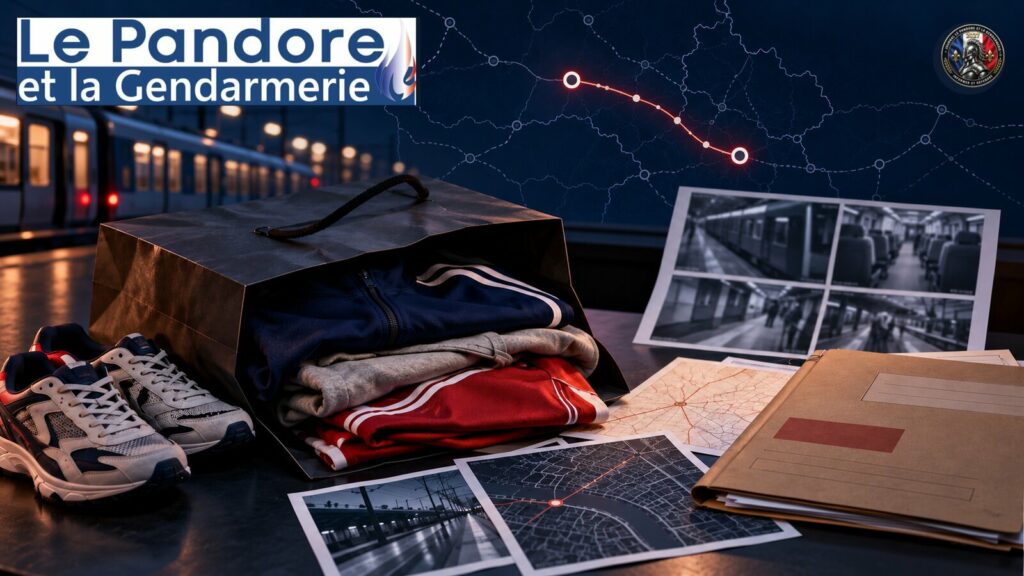 Illustration éditoriale d’une enquête sur des vols de vêtements de sport signalés dans un train, avec sac de marchandises, rame régionale et carte stylisée.