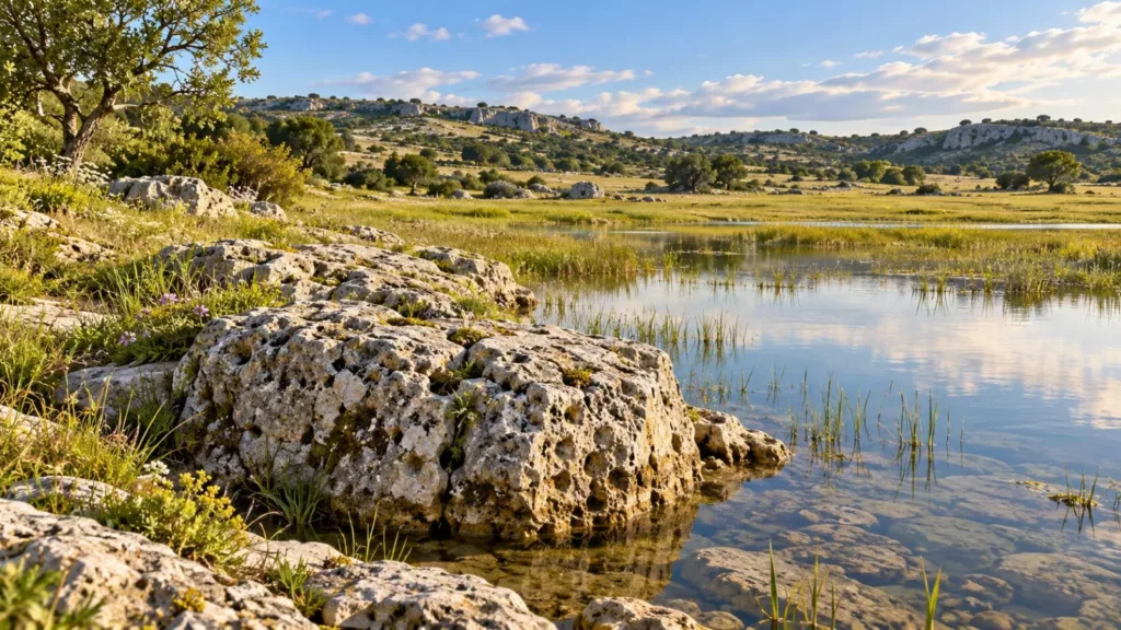 Illustration IA : calcaire et petite étendue d’eau dans un paysage de causse imaginaire.