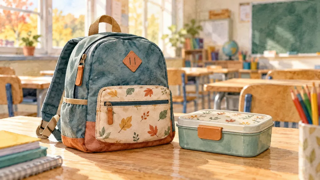 Saint-Just : pas de cantine ni d’accueil périscolaire en élémentaire vendredi Cartable et boîte à déjeuner sur une table devant une salle de classe, illustration en aquarelle.