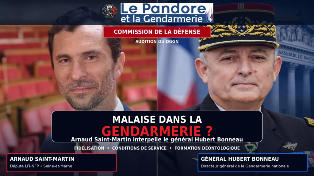 Arnaud Saint-Martin face au général d’armée Hubert Bonneau lors d’une audition sur le malaise dans la Gendarmerie.