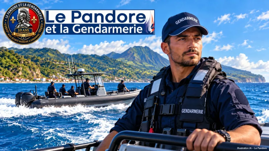 Martinique : cinq gendarmes pour la brigade nautique de Saint-Pierre Illustration IA d’un gendarme et d’une embarcation au large de Saint-Pierre en Martinique, avec l’habillage du Pandore.