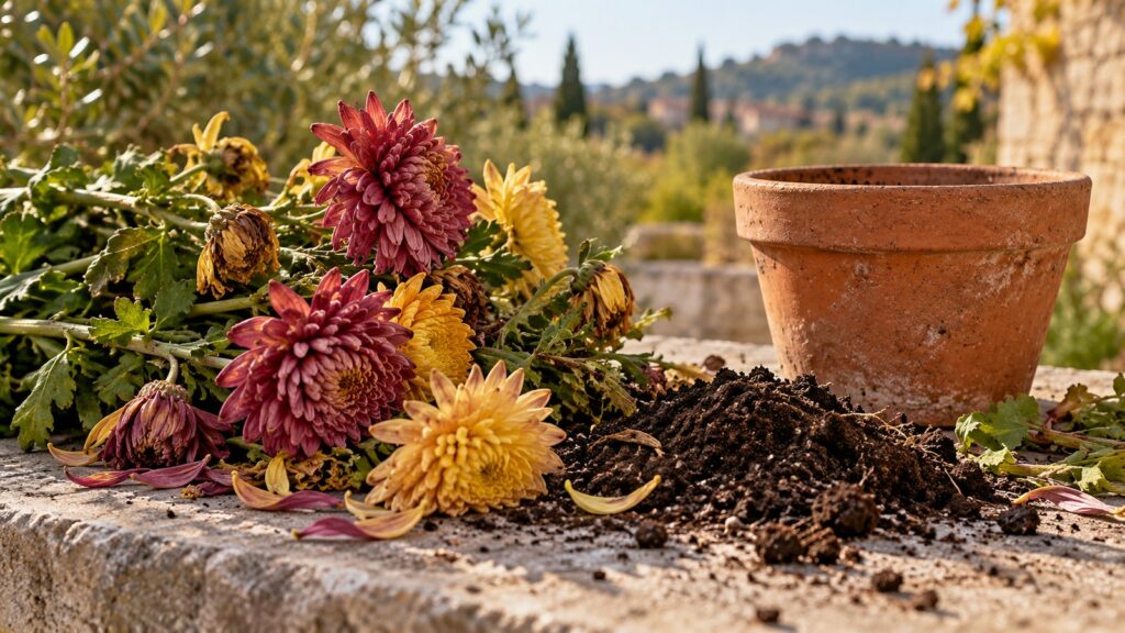 Illustration IA : fleurs fanées, terre et pot vide sur une table de jardin imaginaire.