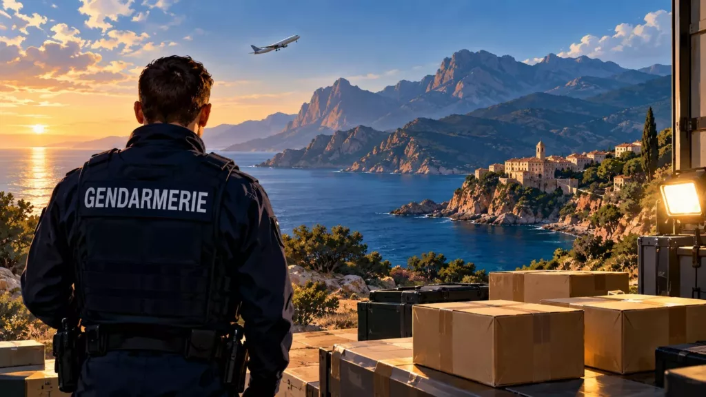 Illustration symbolique : un gendarme, des colis et un avion devant le littoral corse.