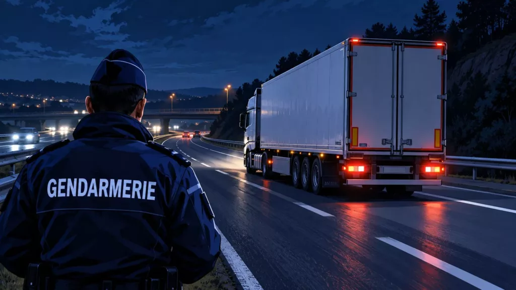 Illustration : un gendarme et un poids lourd sur une autoroute de nuit.