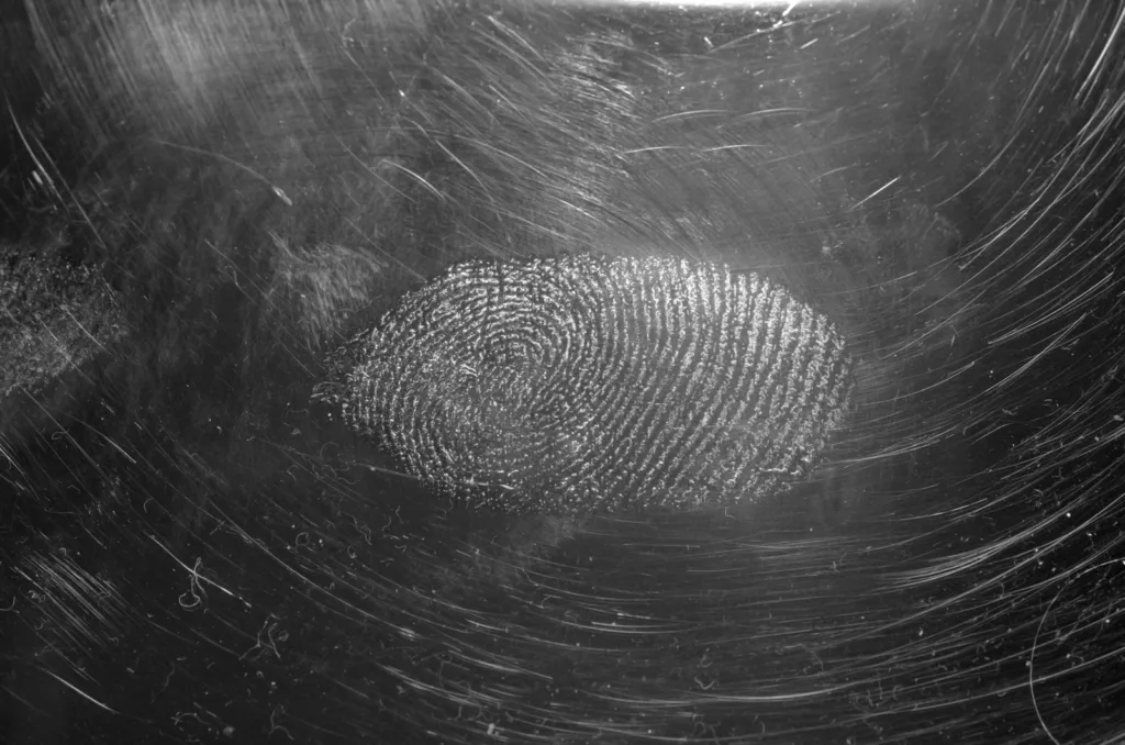 La section de recherches d’Amiens célèbre cinquante ans d’enquêtes Trace papillaire photographiée en lumière réfléchie, illustration des méthodes criminalistiques