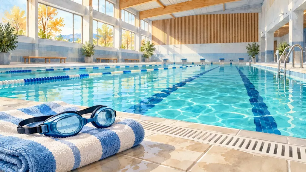Illustration générée par IA : lunettes de natation sur une serviette au bord d’une piscine intérieure imaginaire.