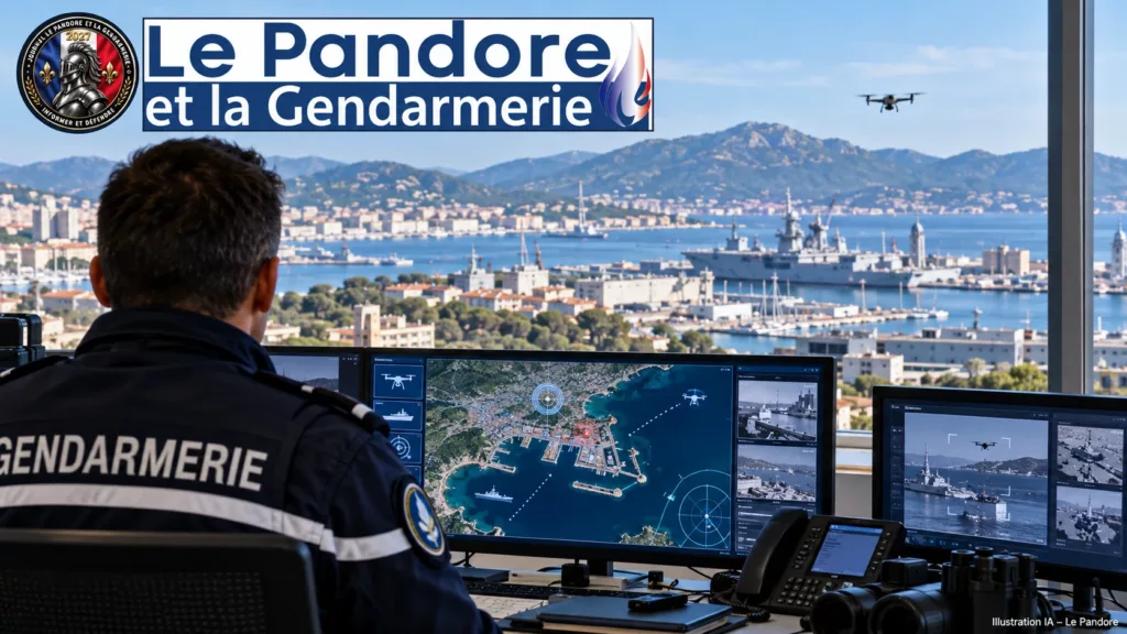 Toulon : le général de corps d’armée André Pétillot face aux menaces hybrides Illustration IA : un gendarme anonyme de dos observe des écrans de surveillance face à un port méditerranéen ; aucune représentation du général André Pétillot.