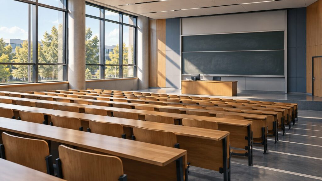 Montpellier : le campus Triolet fermé ce mardi 20 octobre Amphithéâtre universitaire imaginaire vide, avec des rangées de tables en bois et de grandes fenêtres.