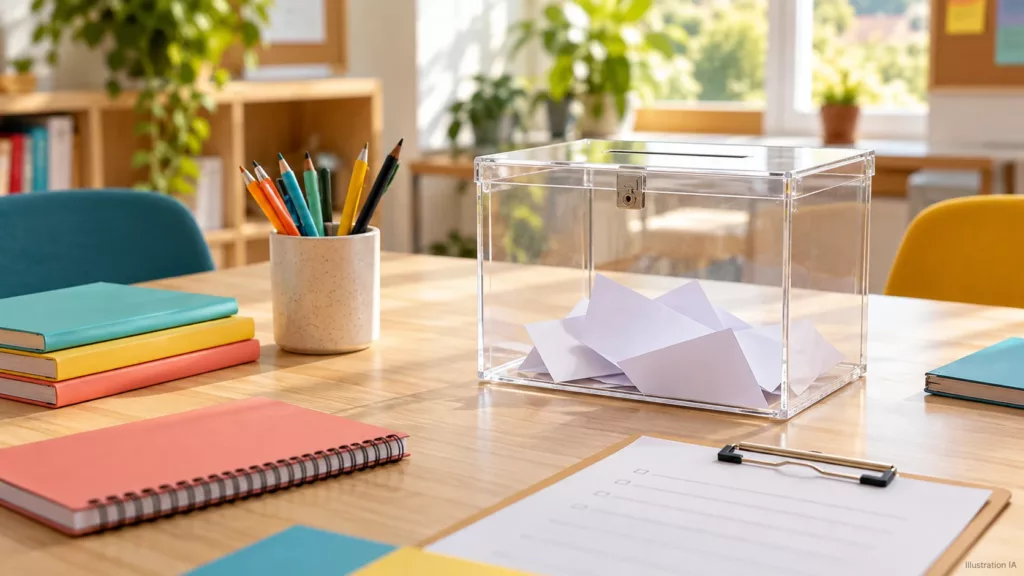 Illustration IA : une urne transparente, des cahiers et des crayons évoquent la participation citoyenne des jeunes.