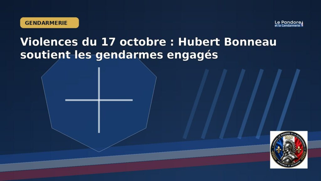 Violences du 17 octobre : le général d’armée Hubert Bonneau soutient les gendarmes Illustration éditoriale originale du Pandore pour « Violences du 17 octobre : Hubert Bonneau soutient les gendarmes engagés ». Scène symbolique non documentaire.